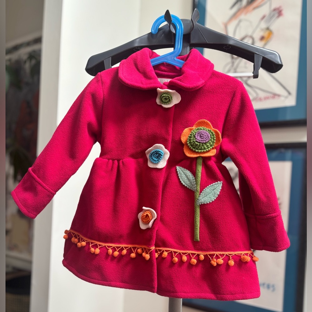 Widget Girls Fleece Coat Pink Floral Appliqué Pom Trim Toddler Size 3